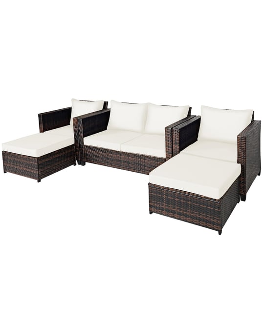 5PCS Patio Rattan Furniture Set Loveseat Sofa Ottoman Cushioned