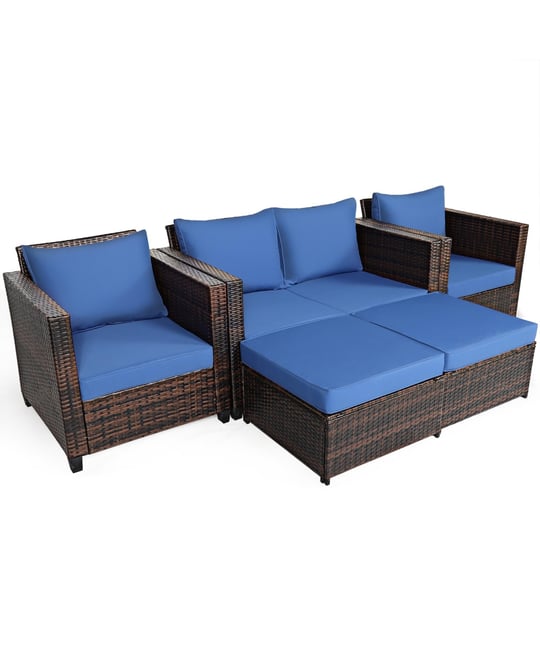 5PCS Patio Rattan Furniture Set Loveseat Sofa Ottoman Cushioned