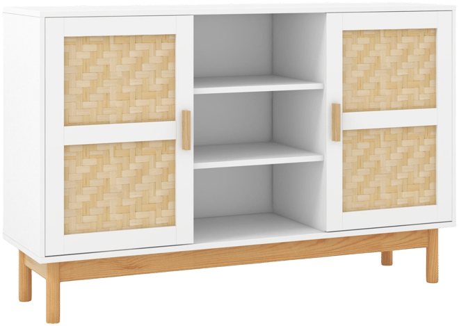 48 Inch Sideboard Buffet Cabinet Floor Storage Cabinet with 2 Bamboo Woven Doors-White