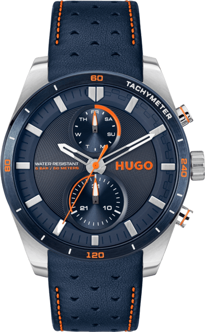 Men's Fast Quartz Multifunction Blue Leather Watch 44mm