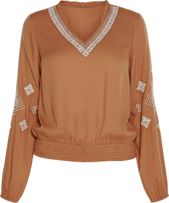 Black Label Women's Embroidered Blouson Sleeve V-Neck Blouse Top