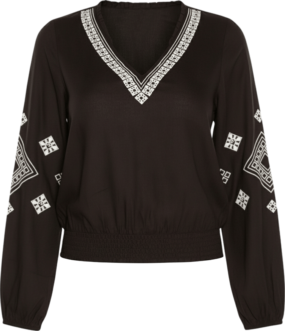 Black Label Women's Embroidered Blouson Sleeve V-Neck Blouse Top