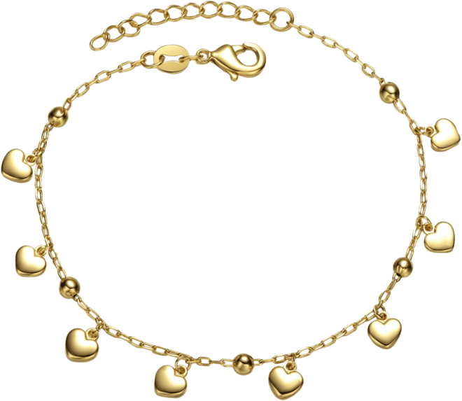 14k Yellow Gold Plated Beaded Heart Charm Station Kids Bracelet