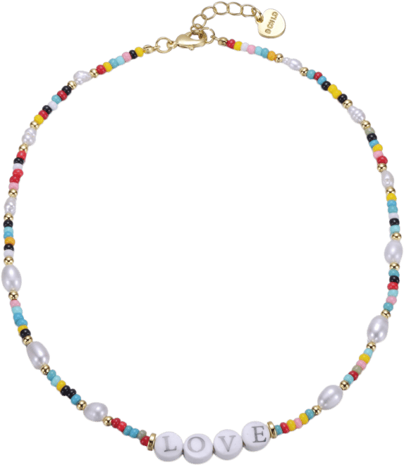 14k Yellow Gold Plated Multi Color Beads Necklace with Freshwater Pearls and Love Tag in Circular Charms for Kids