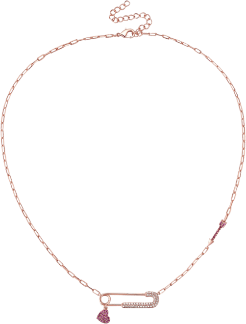 18K Rose Plated with Red & Cubic Zirconia Heart Charm Dangle Paperclip Adjustable Length Necklace