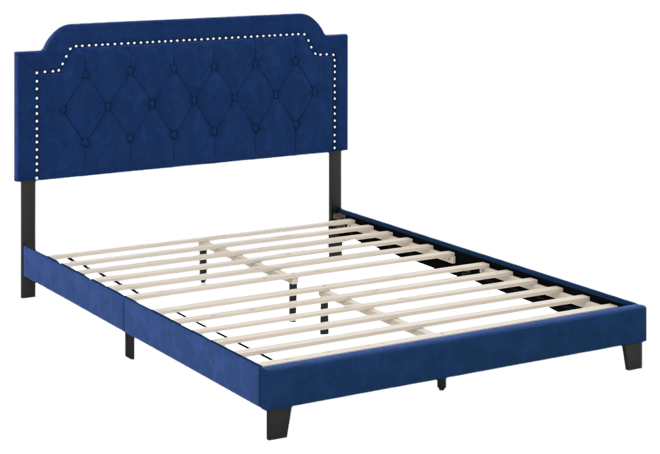 Queen Size Velvet Platform Bed with Button Tufted and Nailhead Trim Headboard