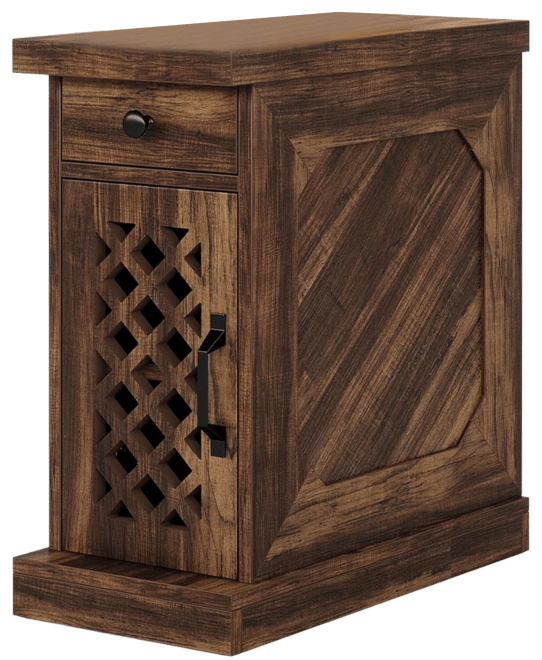 End Table, Narrow Side Table with Drawer and Cabinet, Farmhouse Nightstand End Table for Small Space, Living Room, Bedroom, Vintage Brown -