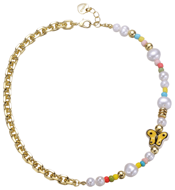 14k Yellow Gold Plated Multi Color Beads Necklace with Freshwater Pearls and a Butterfly Charm for Kids