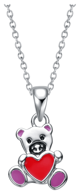 Kids White Gold Plated Enameled Heart Teddy Bear Pendant Charm