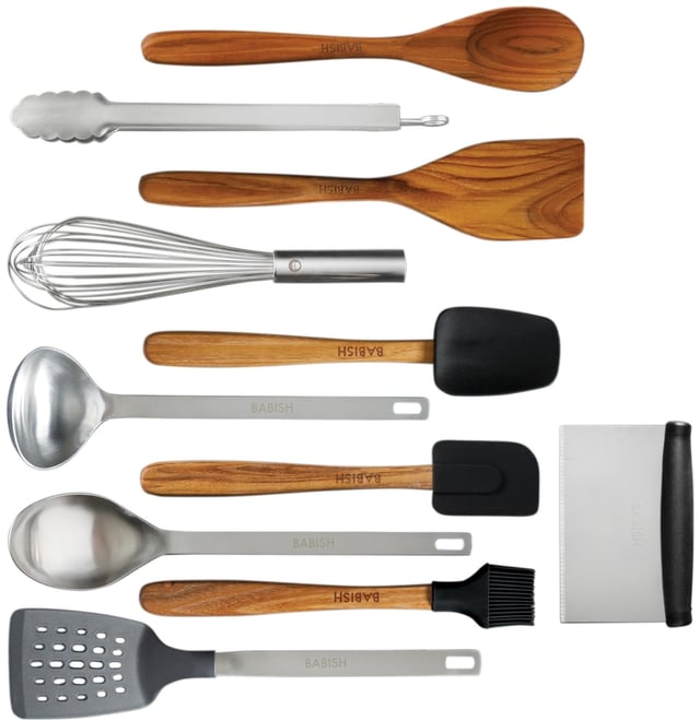 11 Piece Essential Wood, Silicone, and Stainless Steel Tool Set