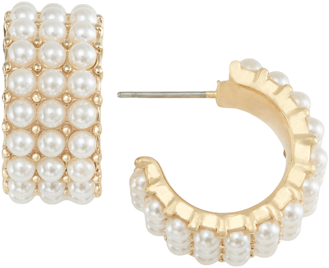 Gold-Tone Small Imitation Pearl Triple-Row C-Hoop Earrings, 0.82", Created for Macy's