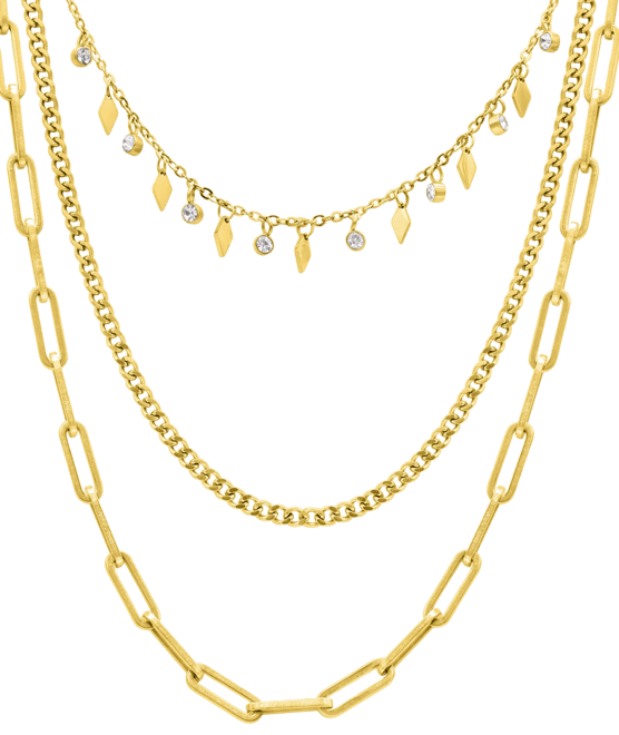 Gold Cubic Zirconia Paperclip, Curb, and Dangle Diamond Chain Necklace Set