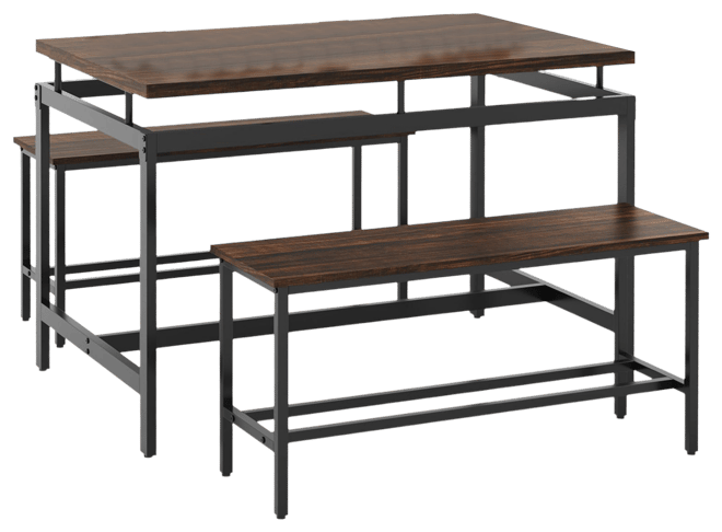 3 Pieces Dining Table Set with Wooden Kitchen Table and 2 Benches-Brown