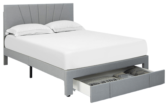 Queen Upholstered Bed Frame Platform Bed with Drawer & Adjustable Headboard Grey