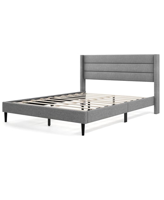 Queen Bed Frame with Wingback Headboard Linen Upholstered Platform Bed