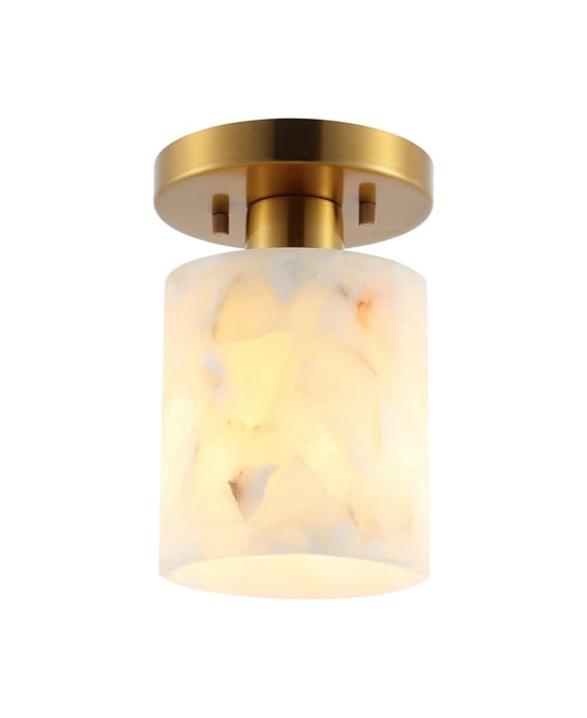 Jules 5.13" 1-Light Modern Contemporary Alabaster/Iron Cylinder Led Semi Flush Mount, White Marbling/Brass Gold