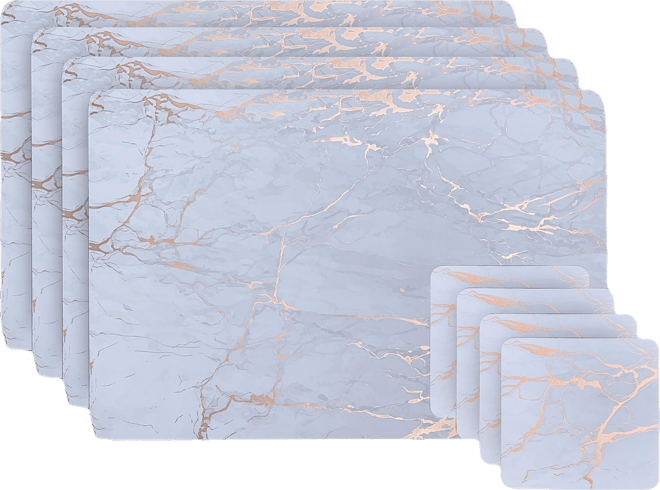 Marble Cork Table Set With 4 Foil Printed Marble Granite Designed Thick Cork Textured 12" x 18" Rectangular Placemats and 4 Square Coaster