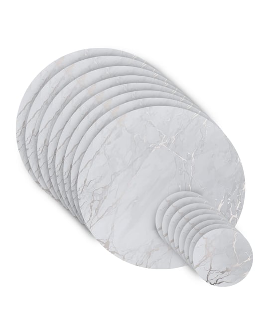 Marble Cork Table Set With 8 Foil Printed Marble Granite Designed Thick Cork Textured 15" x 15" Round Placemats and 8 Round Coasters 4" x