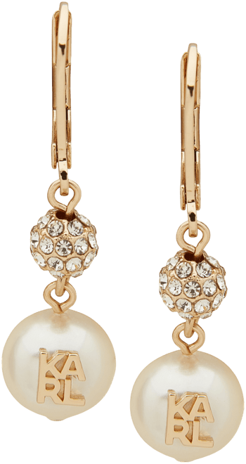 Gold-Tone Crystal & Imitation Pearl Logo Drop Earrings
