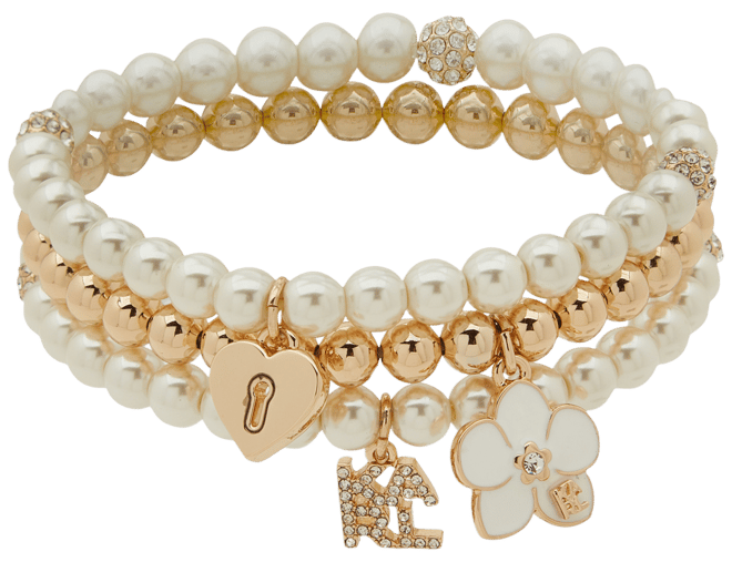 Gold-Tone Imitation Pearl Three Row Charm Orchid Stretch Bracelet