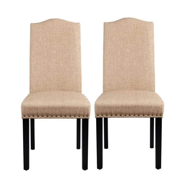 Set of 2 Fabric Upholstered Classic Dining Chair with Tall Back and Solid Wood Legs Khaki