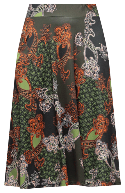 Women's Green Print Elastic Waist Pocket Midi Skirt