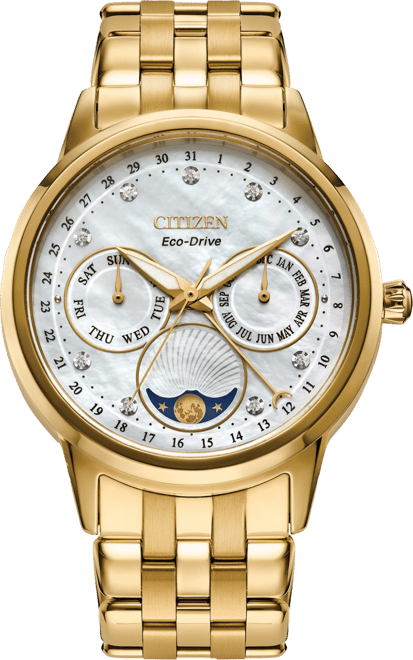 Eco-Drive Women's Calendrier Diamond-Accent Gold-Tone Stainless Steel Bracelet Watch 37mm