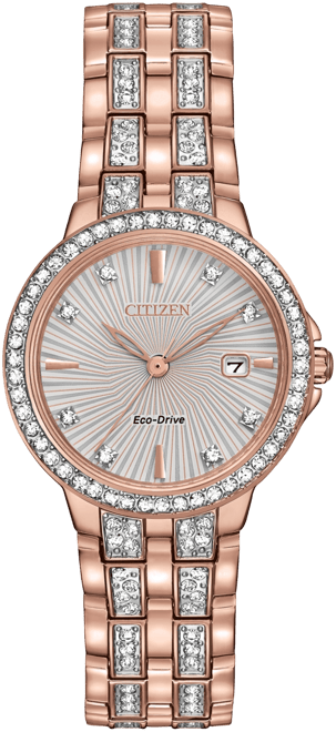 Women's Eco-Drive Crystal Accent Rose Gold-Tone Stainless Steel Bracelet Watch 28mm EW2348-56A
