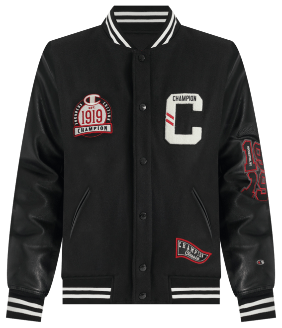 Men's Logo-Patch Mixed-Media Varsity Jacket