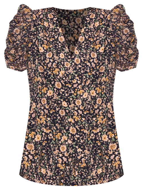 Women's Floral V-Neck Short Puff Sleeve Top