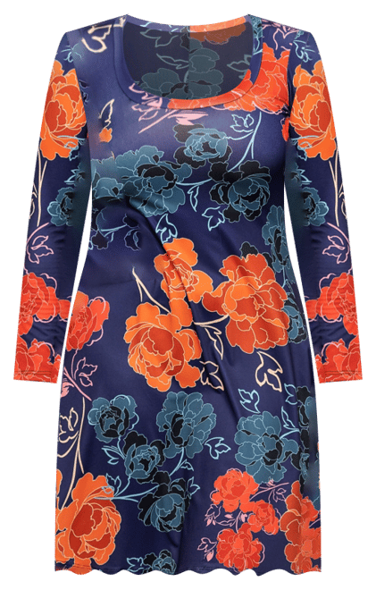 Women's Navy Floral Print Long Sleeve Knee Length Dress