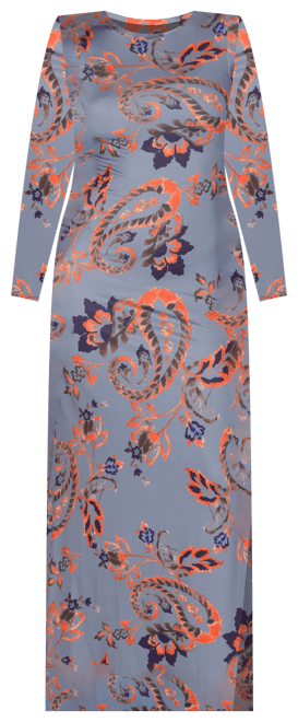 Women's Grey Long Sleeve Side Slit Fitted Maxi Dress