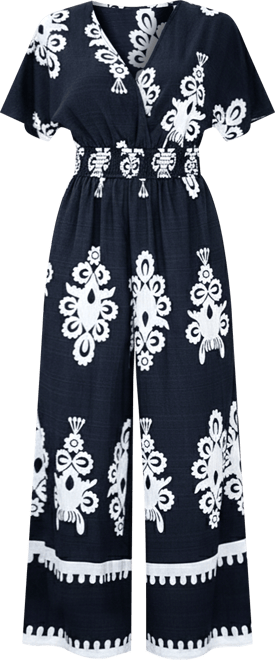 Women's Navy Smocked Waist Wide Leg Jumpsuit