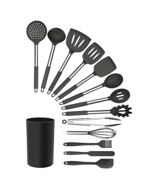 Gray Silicone and Stainless Steel Cooking Utensils, Set of 14