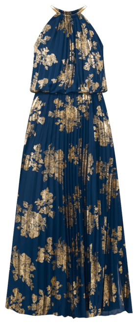 激安‼️未使用タグ付‼️ Tiered Floral Pleated Dress MSK Metallic-Print Pleated Blouson Gown 10 Black Gold Floral