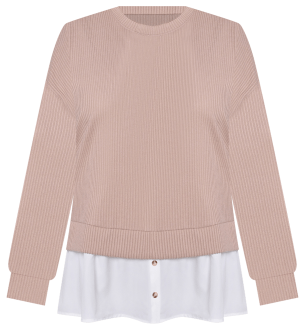 Plus Size Long Sleeve Two-Fer Top with Gathered Inset