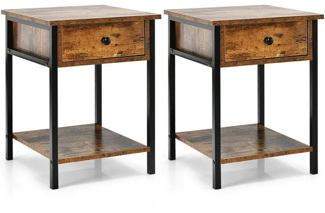2PCS Industrial End Side Table Nightstand with Drawer Shelf Rustic Brown
