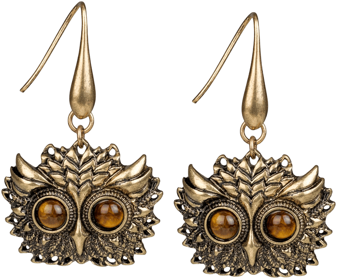 Gold-Tone Tiger's Eye Owl Head Drop Earrings