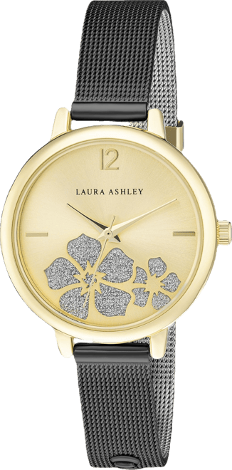 Women's Sunray Floral Stone Dial Black Alloy Bracelet Watch 34mm