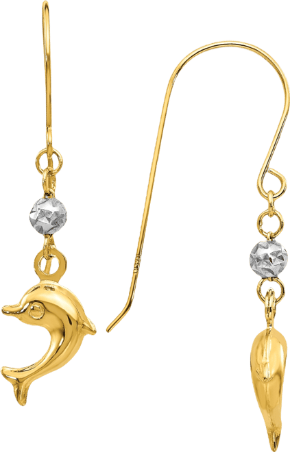 14K Two Toned Puffed Dolphin Shepherd Hook Earrings