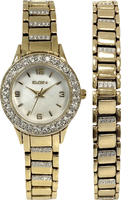 Women's Ion Plating Logo Etched On Crown Gold-Tone Strap Watch and Bracelet Set