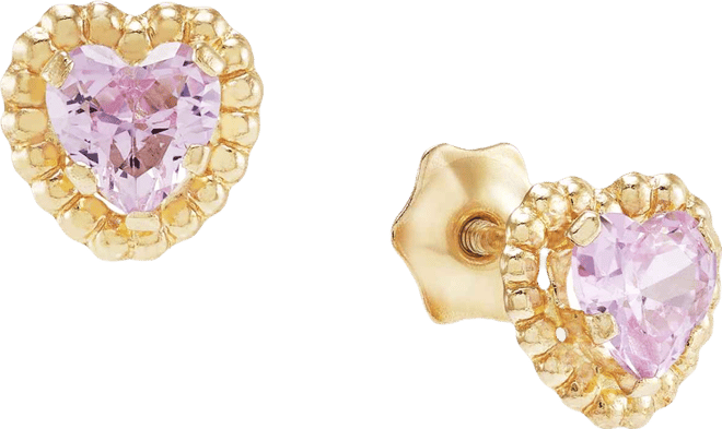 Children's Pink Zirconia Heart Screw Back Stud Earrings in 14k Gold