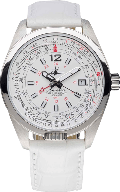 Women's Amelia Gmt Multifunctional Genuine White Calf Leather Strap Watch 40mm