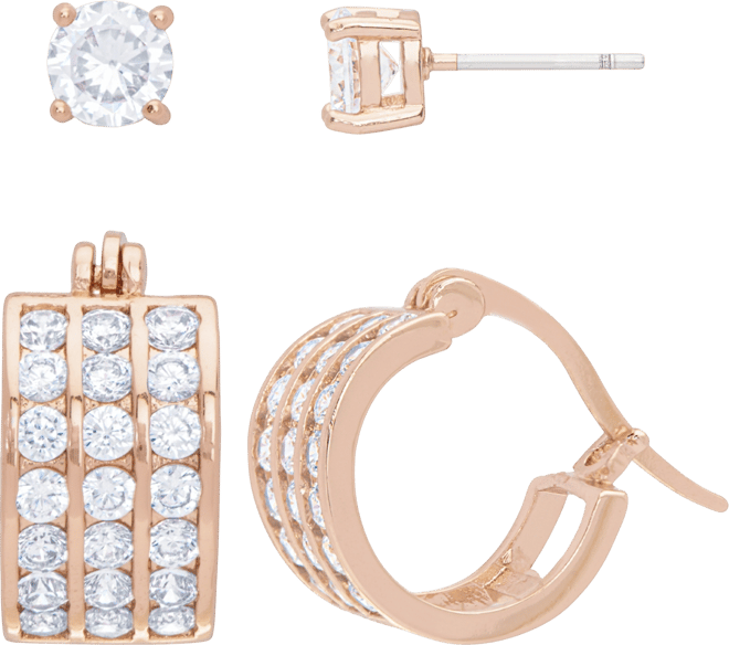 Women's 14k Rose Gold Plated Cubic Zirconia Row Hoop Earrings Set, 4 Pieces