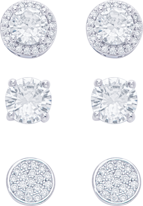 Women's Fine Silver Plated Round, Halo, Cubic Zirconia Stud Earrings Set, 6 Pieces