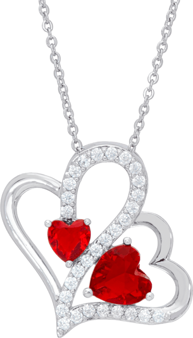Women's Fine Silver Plated Simulated Ruby Cubic Zirconia Double Heart Pendant Necklace