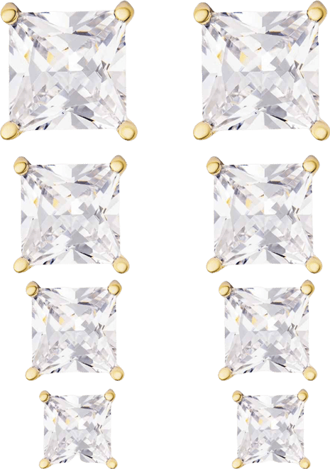 Women's 14k Gold Plated Square Cubic Zirconia Stud Earrings Set, 8 Pieces