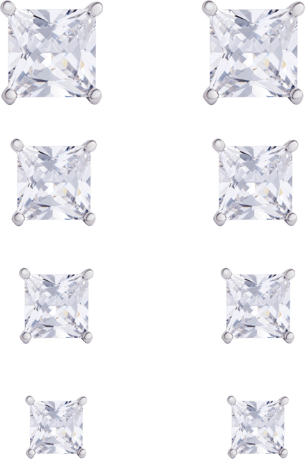 Women's Fine Silver Plated Square Cubic Zirconia Stud Earrings Set, 8 Pieces