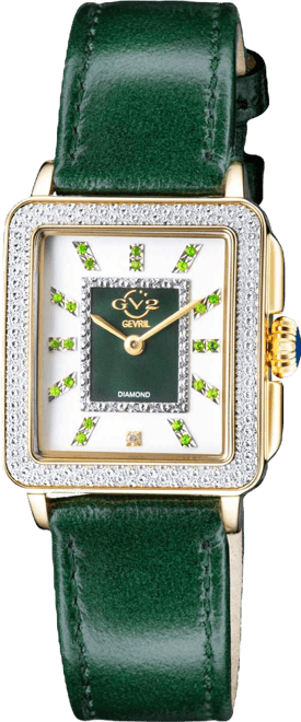 Women's Padova Gemstone Swiss Quartz Diamond Accent Green Hand Made Italian Leather Strap Watch 27mm x 30mm