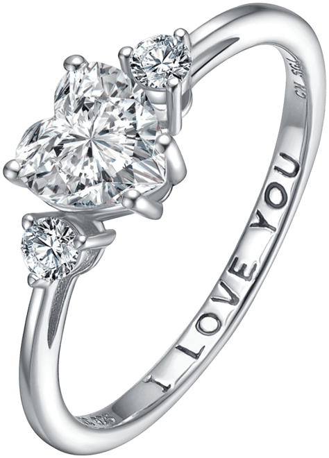 Sterling Silver Heart and Round Clear Cubic Zirconia's Three-Stone "I Love You" Ring